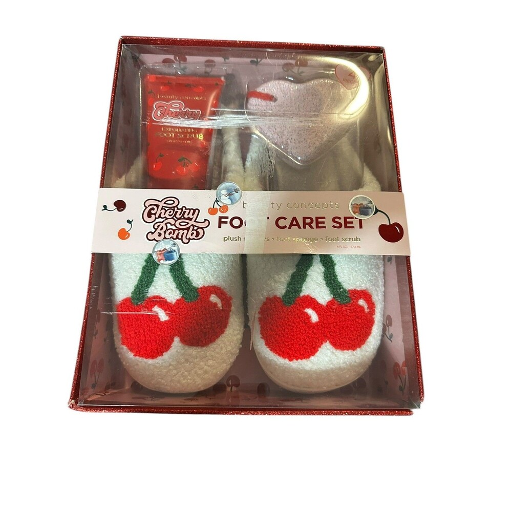 Beauty Concepts "Cherry Bomb" Foot Care Set Plush Slippers, Scrub & Sponge NIB